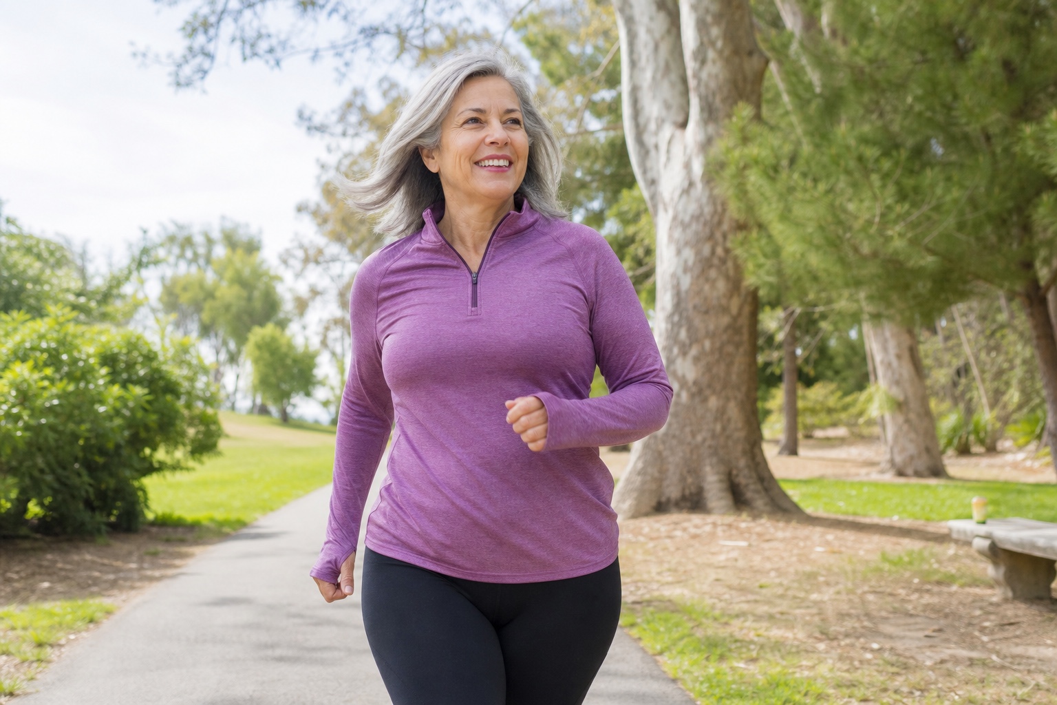 A smiling woman in her fifties jogging confidently through a sunny park.
