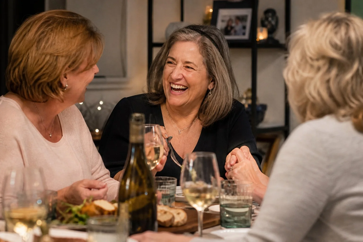 A woman laughing naturally with close friends over dinner.