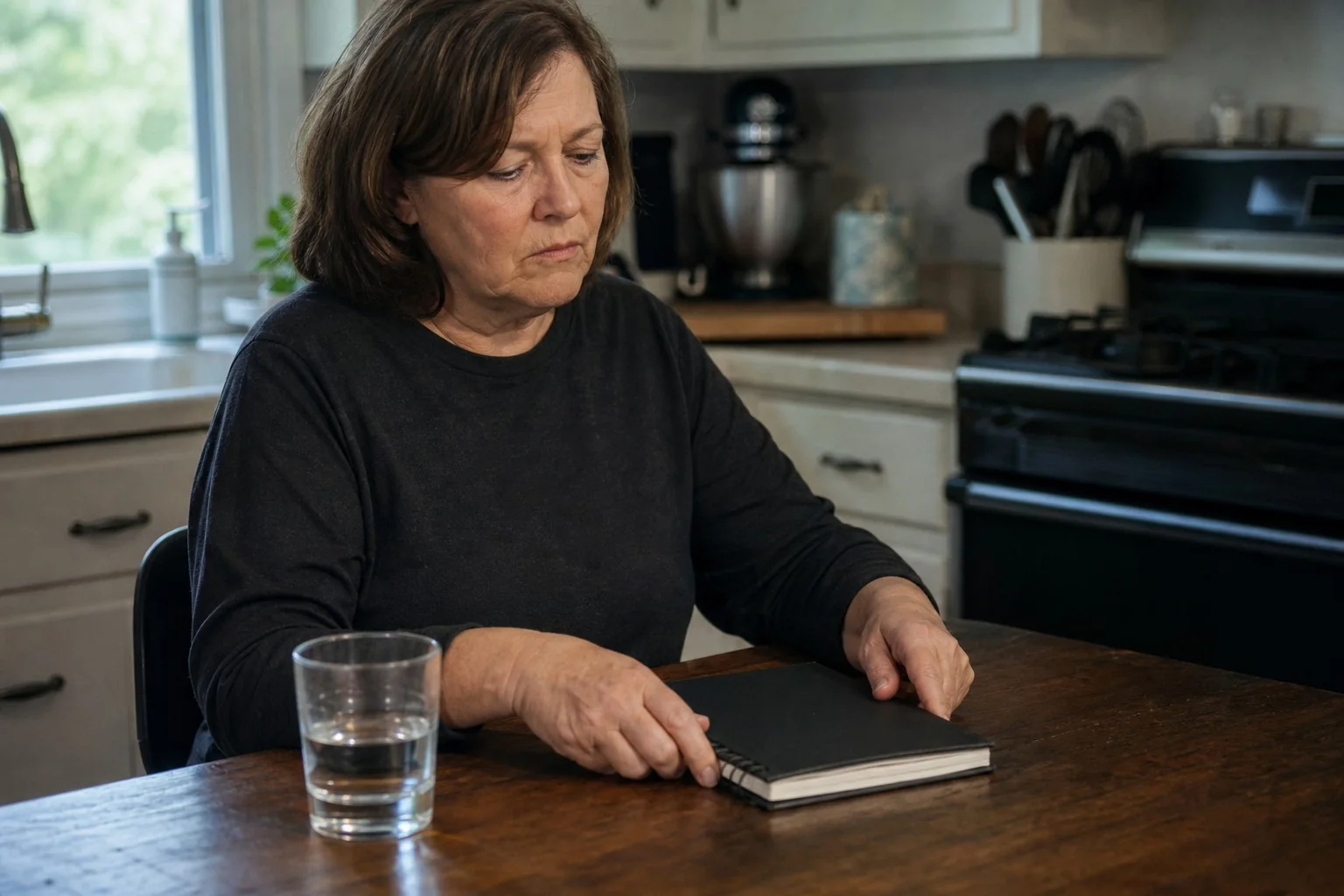 A woman closing a generic exercise notebook at her kitchen table.
