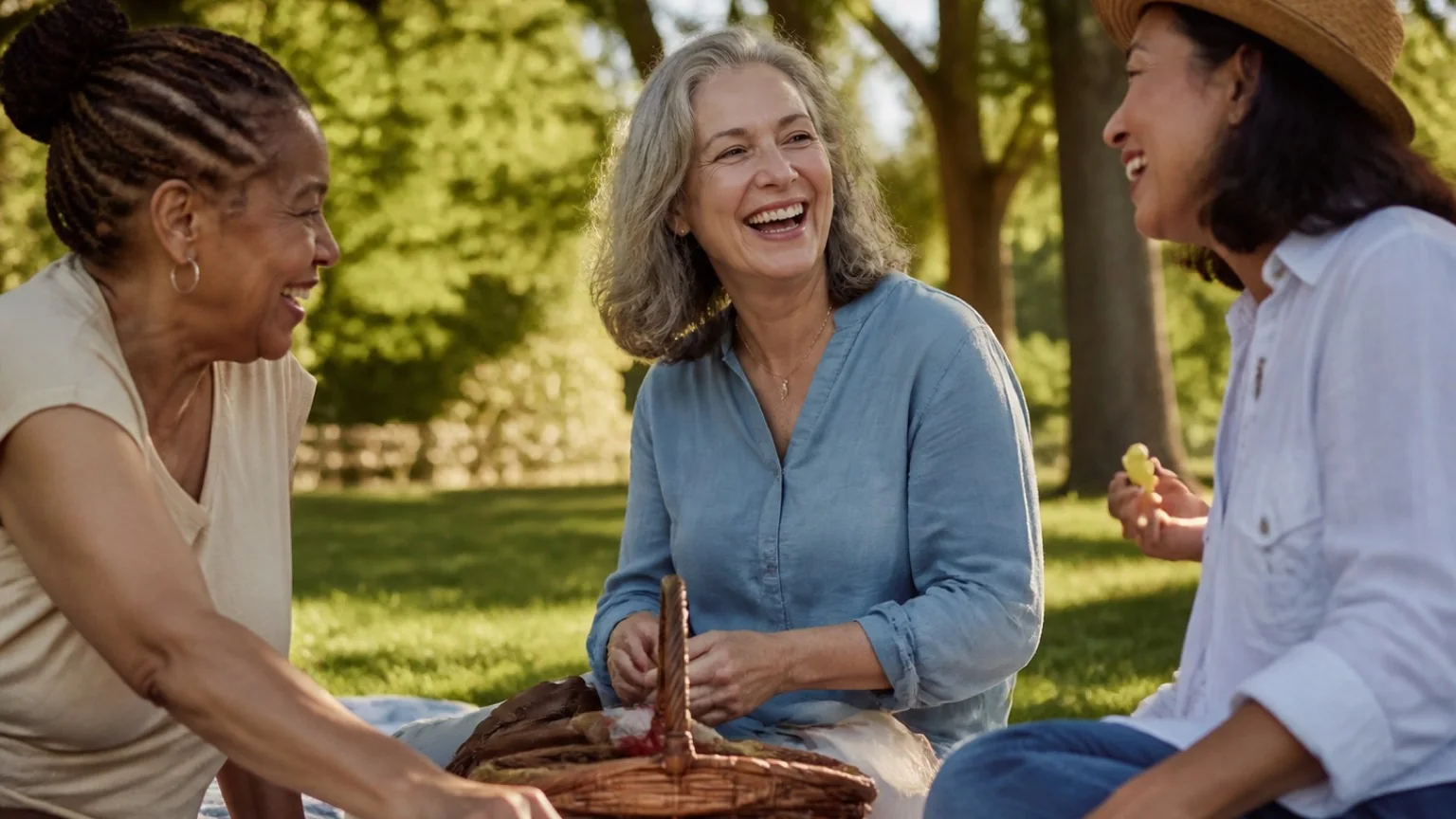 A woman laughs freely with friends while unpacking a park picnic.
