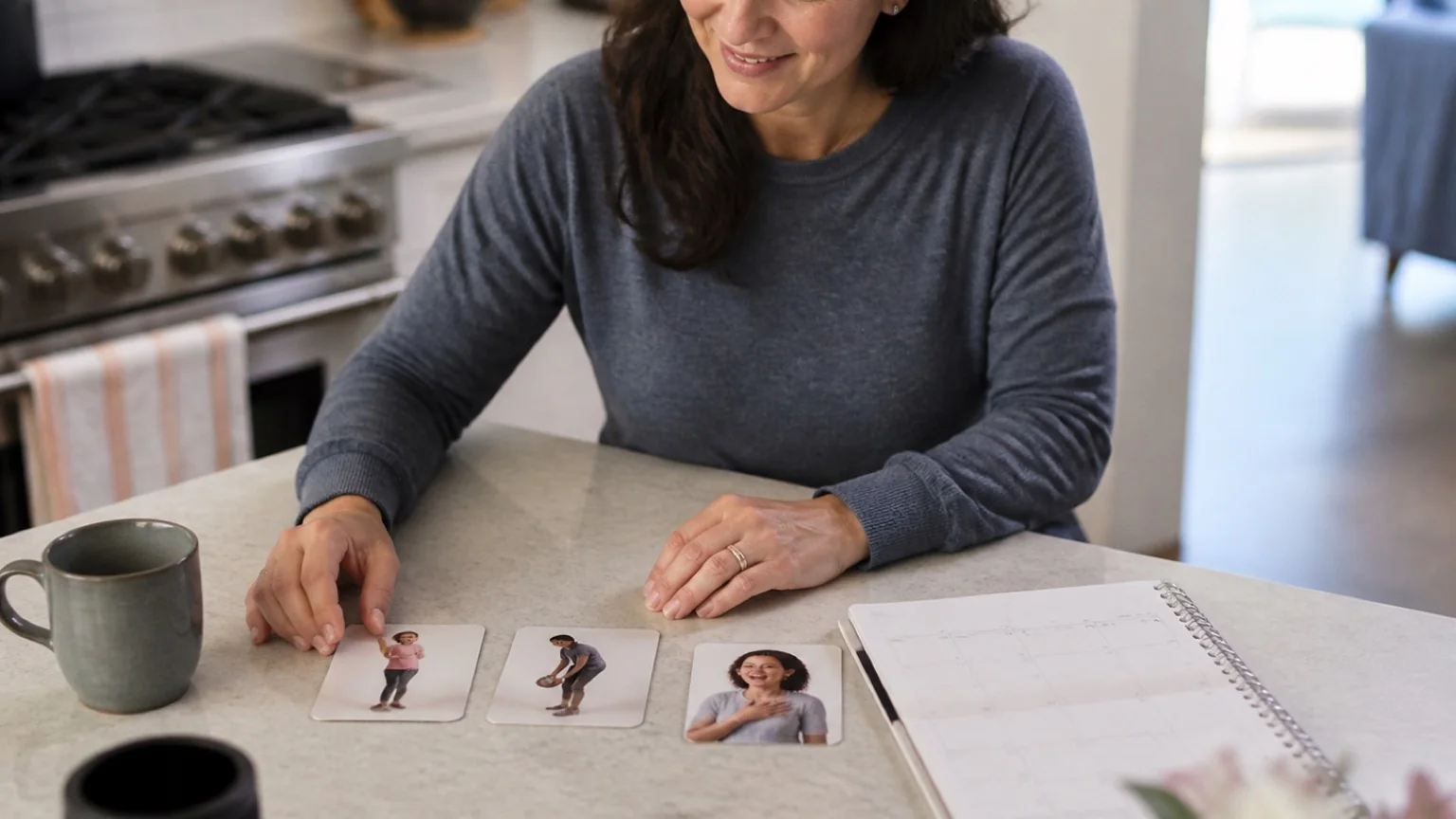 A woman arranges simple movement cards beside a weekly calendar.