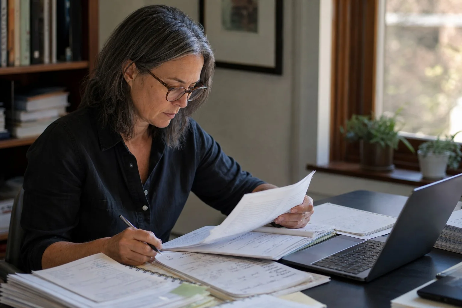 A female pelvic-health researcher reading evidence at a desk.